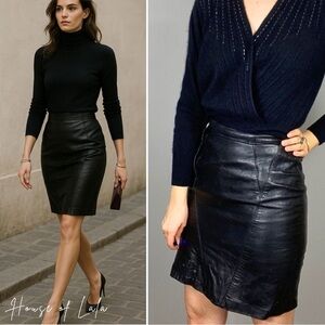 Black Leather Structured Pencil Skirt. Soft Vintage Genuine Leather Skirt.
